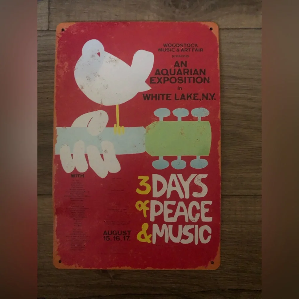 Tin Woodstock 3 Days of Peace & Music Vintage Poster - Red
